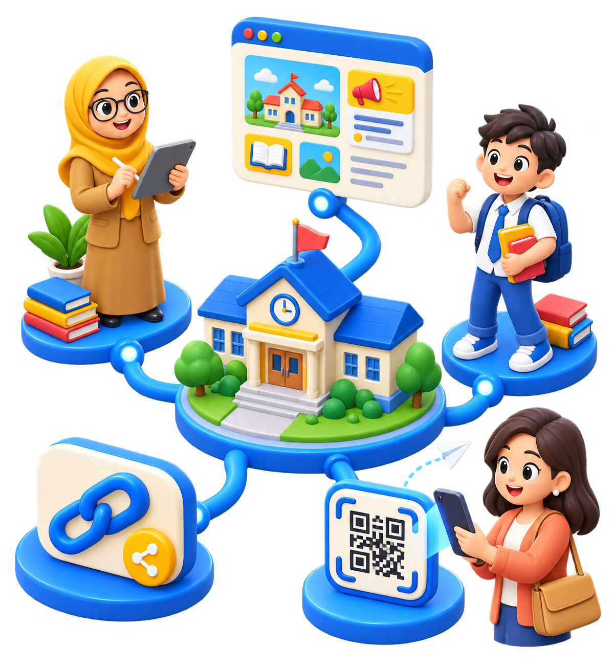 Illustration of a school connecting teachers, students, parents, microsites, shortened links, and QR Codes