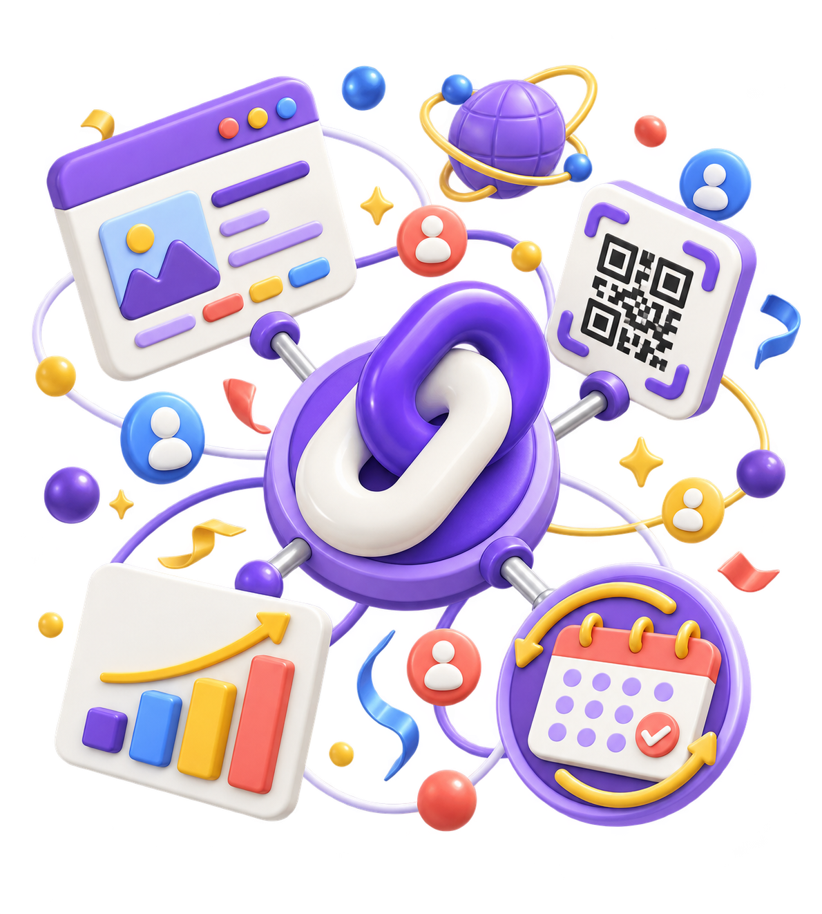 Illustration of the 2025 s.id ecosystem connecting links, microsites, QR Codes, and analytics